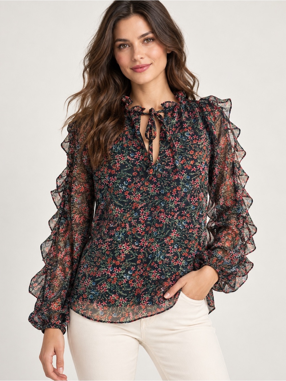 1. State Black Floral Ruffle Tie-Neck Blouse